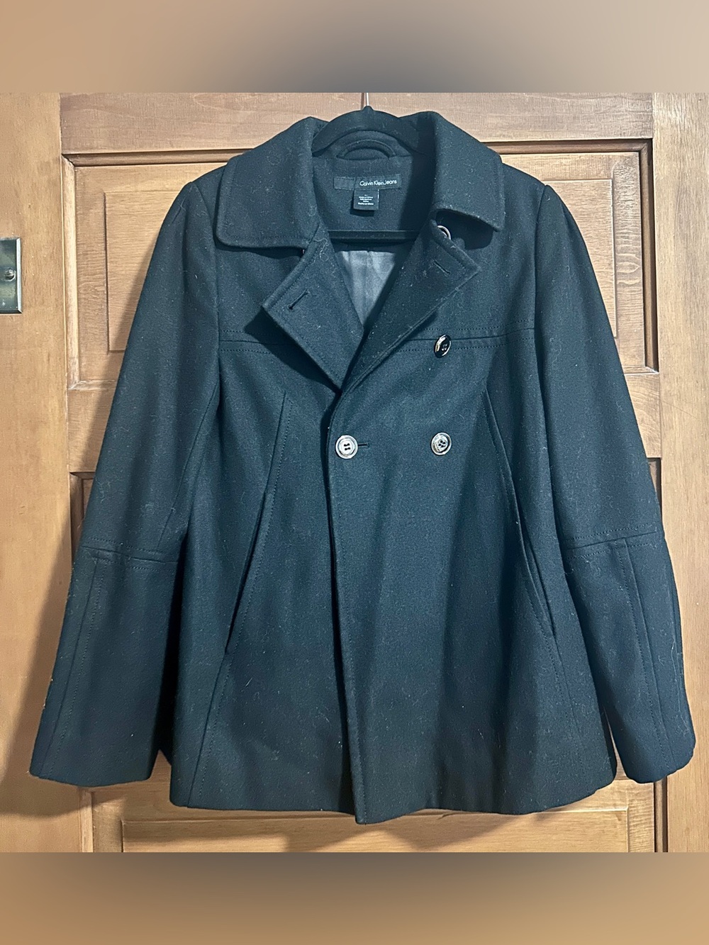 Calvin Klein Jeans Women's Black Double-Breasted Peacoat! Sz M EUC! WOOL & lined